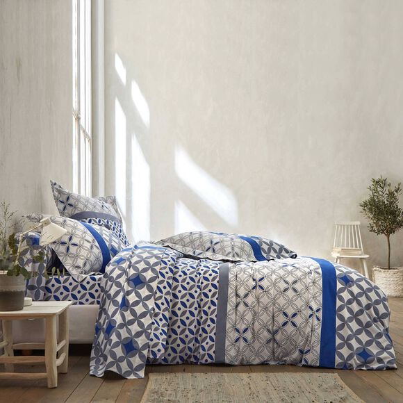 Linge de lit Marlow coton, imprimé géométrique (gris / bleu)