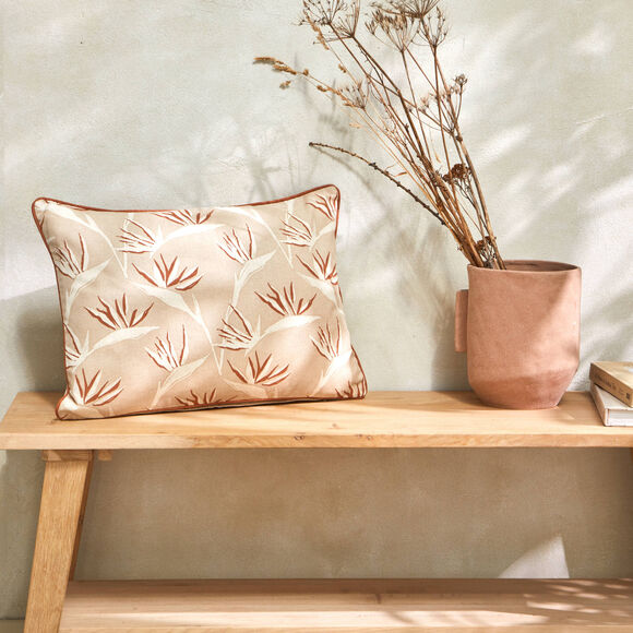 Coussin rectangulaire imprimé "oiseaux de paradis" (naturel / terracotta)