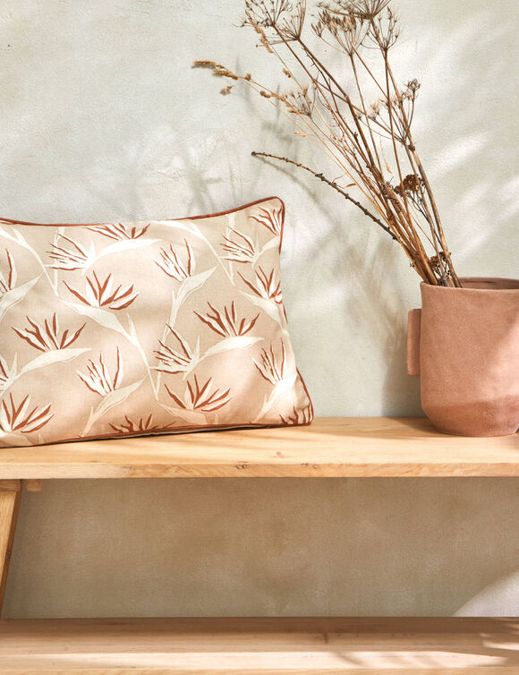 Coussin rectangulaire imprimé "oiseaux de paradis" (naturel / terracotta)