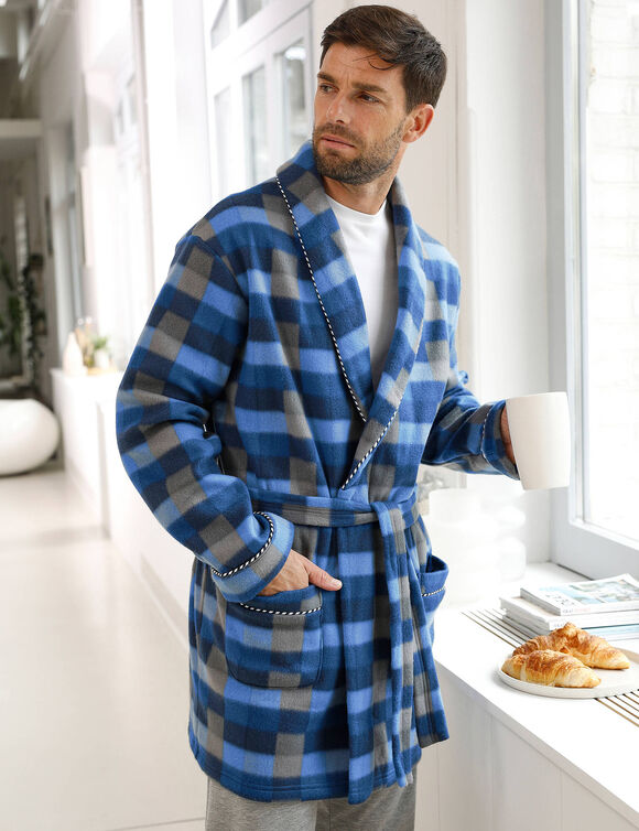 Robe de chambre courte maille polaire (carreaux bleu)