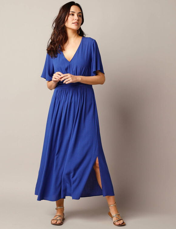Robe longue unie manches courtes, ceinture fantaisie (bleu)
