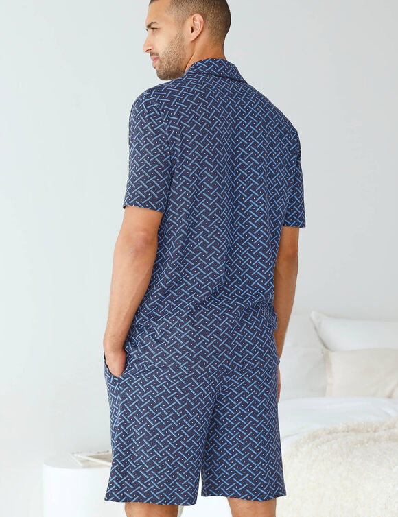 Shortama in bedrukt tricot, met knopen (marine)