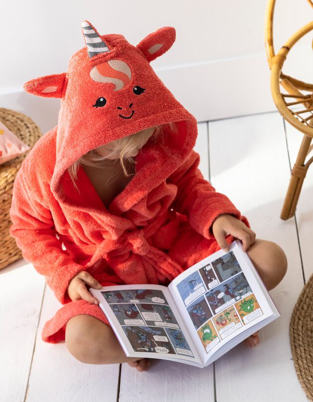 Peignoir de bain enfant licorne à capuche éponge coton - 340 g/m² (corail)