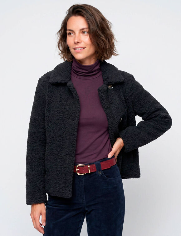Manteau court maille bouclette col tailleur (noir)
