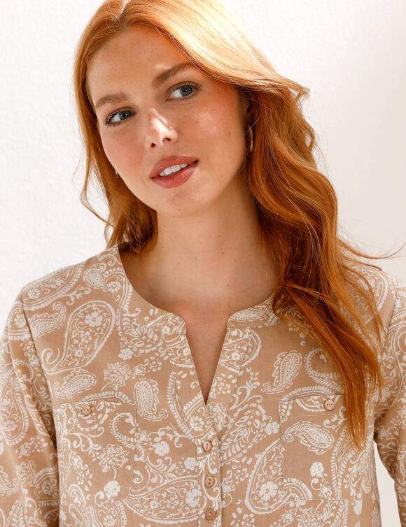 Tunique imprim&eacute; cachemire, manches retroussables (blanc / beige)