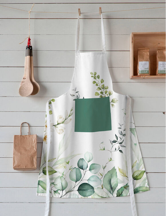 Tablier bavette motif feuillage  (blanc / vert)