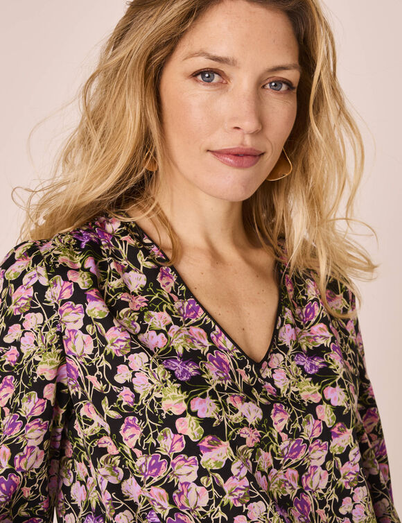 Blouse imprimé floral, détail dentelle (noir / violet)