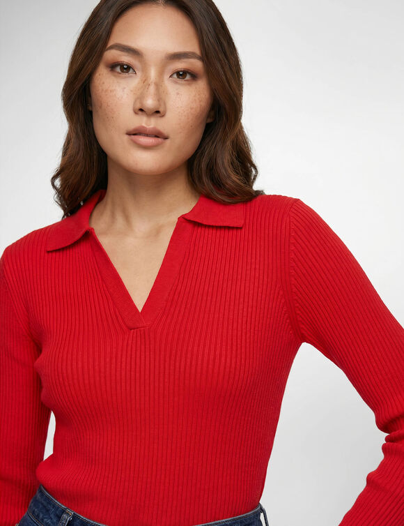 Pull col polo, maille c&ocirc;tel&eacute;e (rouge)