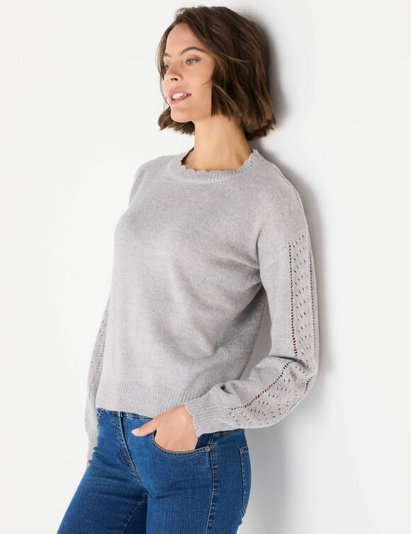 Pull col rond finitions &eacute;cailles (gris chin&eacute;)