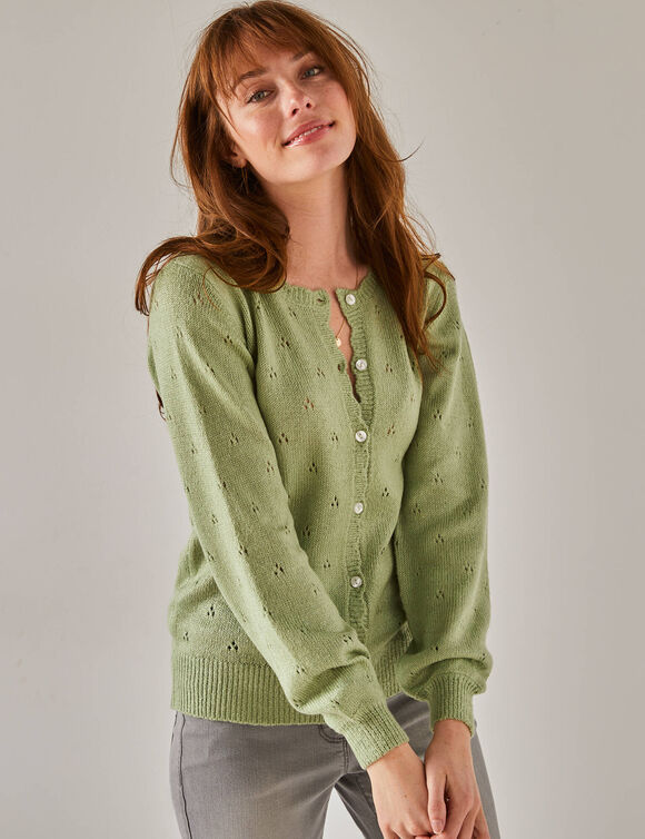 Gilet boutonné finition écailles, maille pointelle toucher doux (vert d'eau)