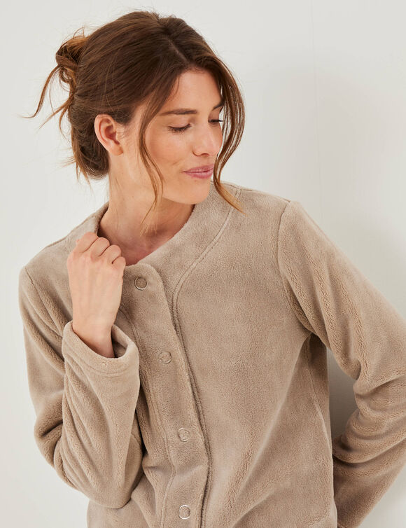 Pyjama veste boutonnée manches longues, maille polaire (taupe clair)