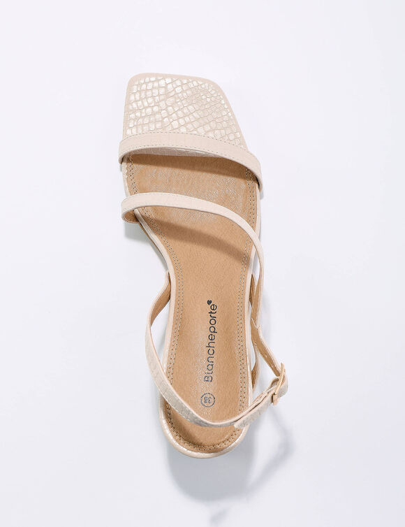 Sandalen met fijne riempjes, kroko-effect en vierkante hak (crème)