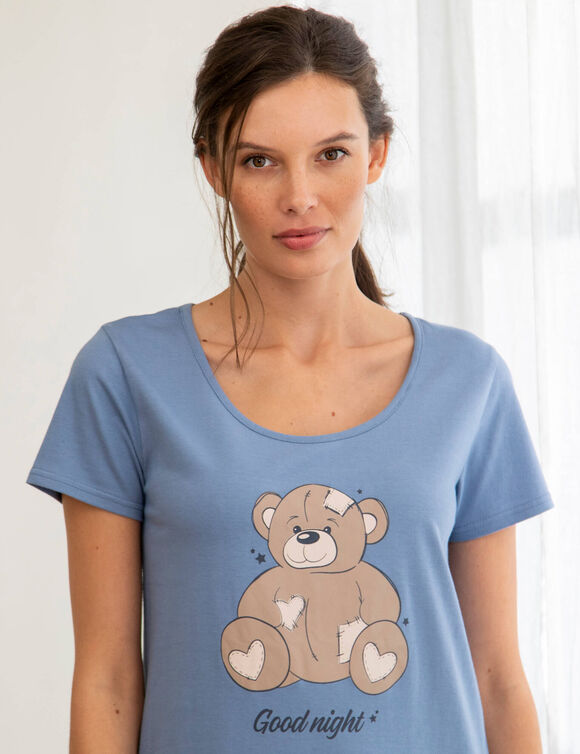 Chemise de nuit courte motif plac&eacute; ourson manches courtes  (bleu gris&eacute;)