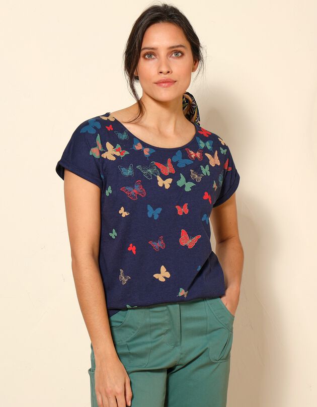 Tee-shirt boite, imprimé papillons (marine)