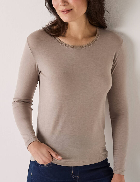 T-shirt chaleur manches longues en laine m&eacute;lang&eacute;e (taupe clair)