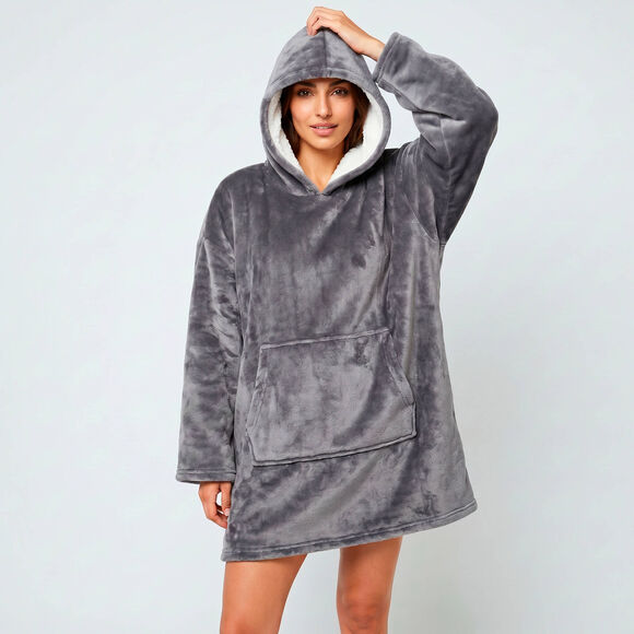 Hoodie-plaid in fleece met kap en sherpavoering (grijs)