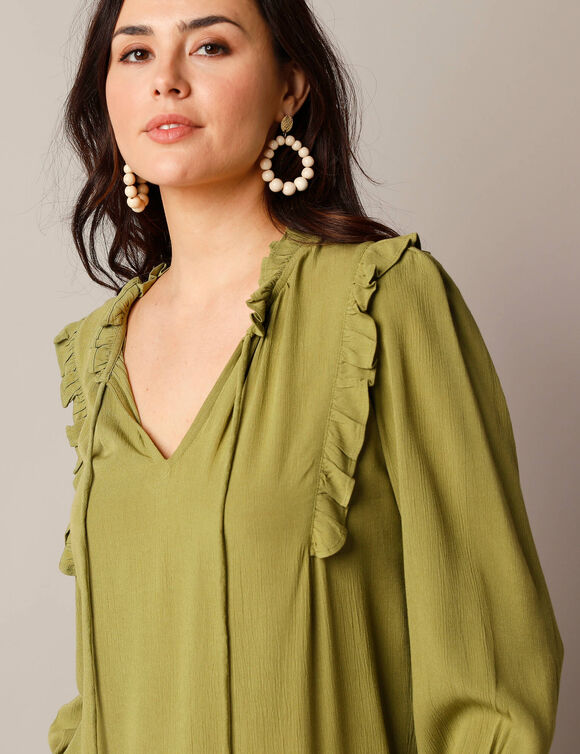 Blouse unie détails volantés, crépon (vert)