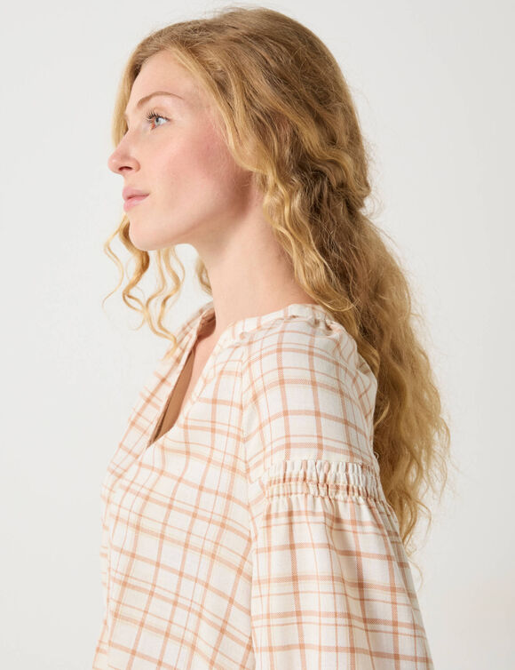 Blouse imprimée carreaux flanelle, manches 7/8 (écru / beige)