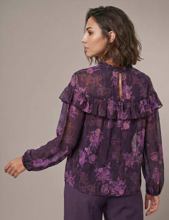 Blouse volant&eacute;e col montant, manches longues, voile imprim&eacute; fleurs (violet)