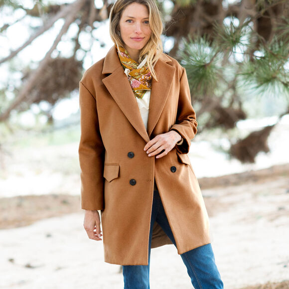 Manteau mi-long à col tailleur, boutonnage croisé (caramel)