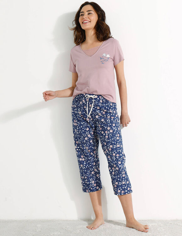 Pyjamashirt met korte mouwen en bloemenmotief (grijsmauve)