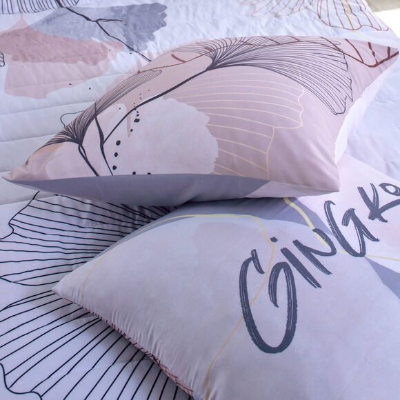 Couvre-lit matelassé imprimé Ginkgo (gris / rose)