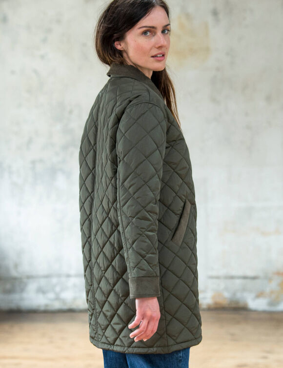 Veste longue matelass&eacute;e, d&eacute;tails velours (kaki)