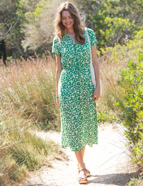 Robe longue col zippé, crépon imprimé (vert / écru)