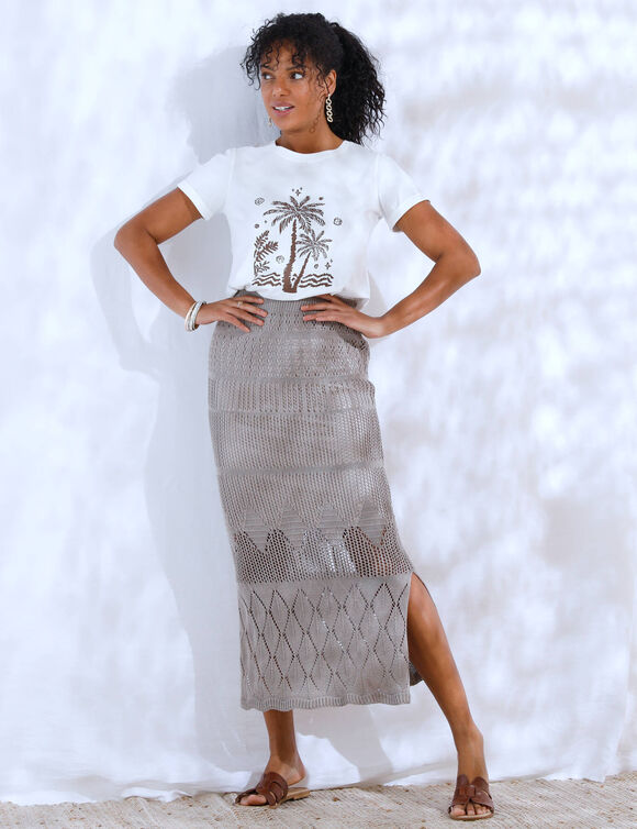 Jupe longue coupe droite effet crochet, doublée (taupe)