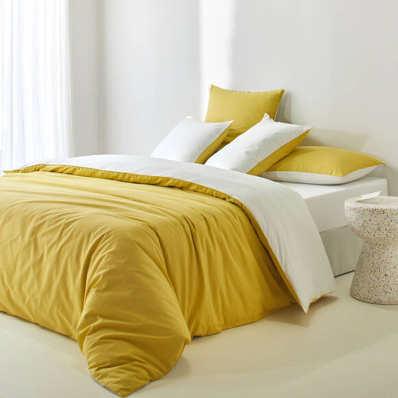 Effen, tweekleurig bedlinnen in katoen (wit / verbenageel)