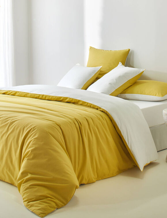 Linge de lit uni bicolore coton (blanc / jaune verveine)