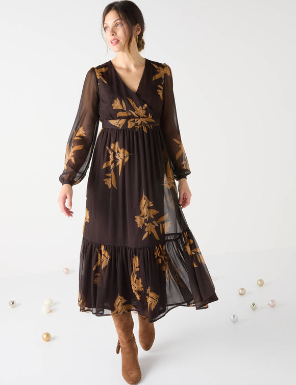 Robe longue volant, voile imprimé (chocolat / caramel)