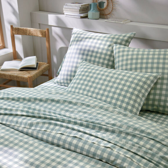Linge de lit Lou imprim&eacute; carreaux - en coton (vert gris&eacute;)