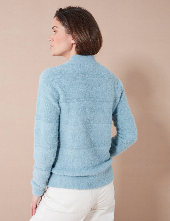 Cardigan boutonné maille poilue fantaisie (gris bleuté)