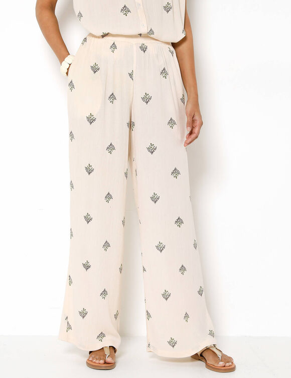 Pantalon large taille &eacute;lastiqu&eacute;e imprim&eacute; minimaliste, cr&eacute;pon fluide (&eacute;cru / vert)