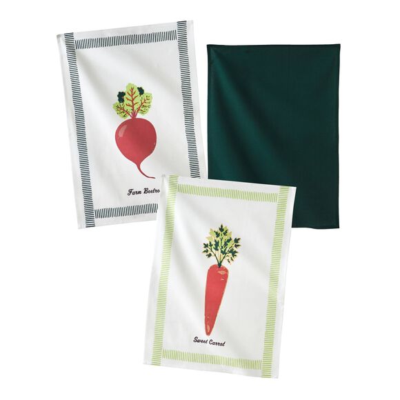 Torchons l&eacute;gumes + uni coton - lot de 3 (vert / orange)