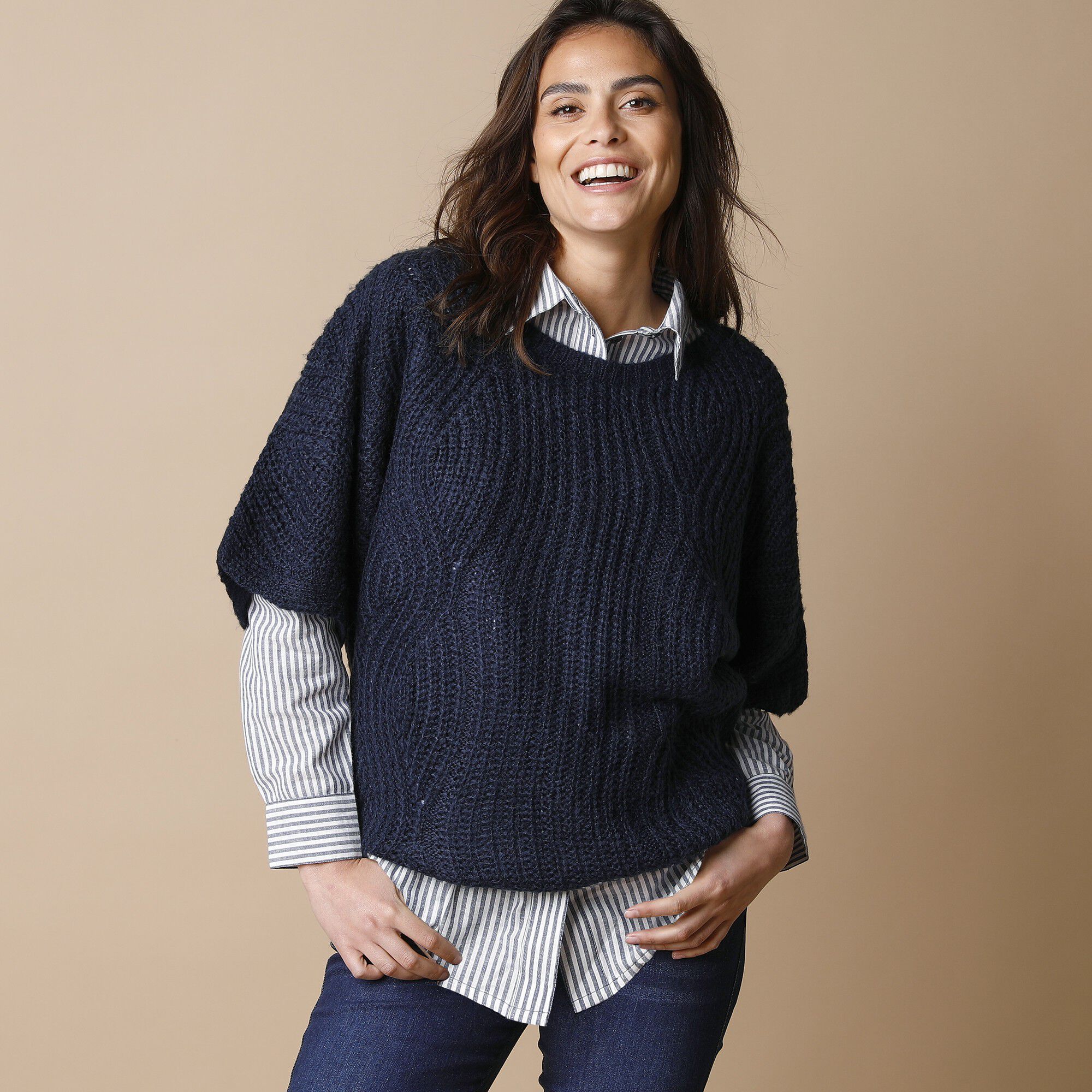 Poncho trui met mouwen op ellebooglengte marine Blancheporte
