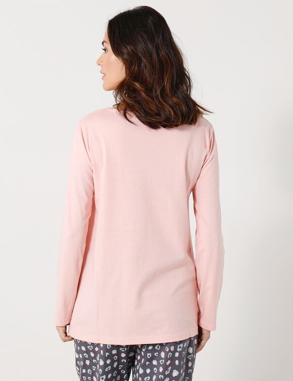 Tee-shirt manches longues coton uni imprimé placé "Beautiful" (rose)