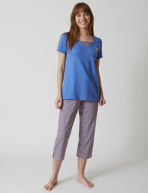 T- shirt pyjama manches courtes motif floral imprimé  (bleu jean)