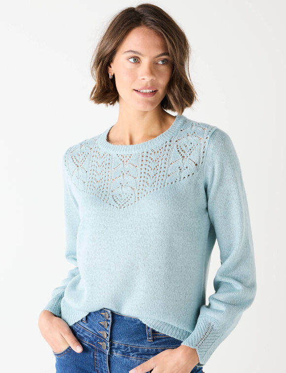 Pull col rond maille ajourée, toucher doux (vert d'eau)