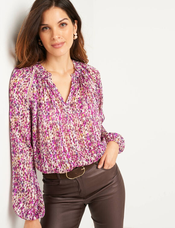 Blouse en voile imprim&eacute; tachiste (prune)