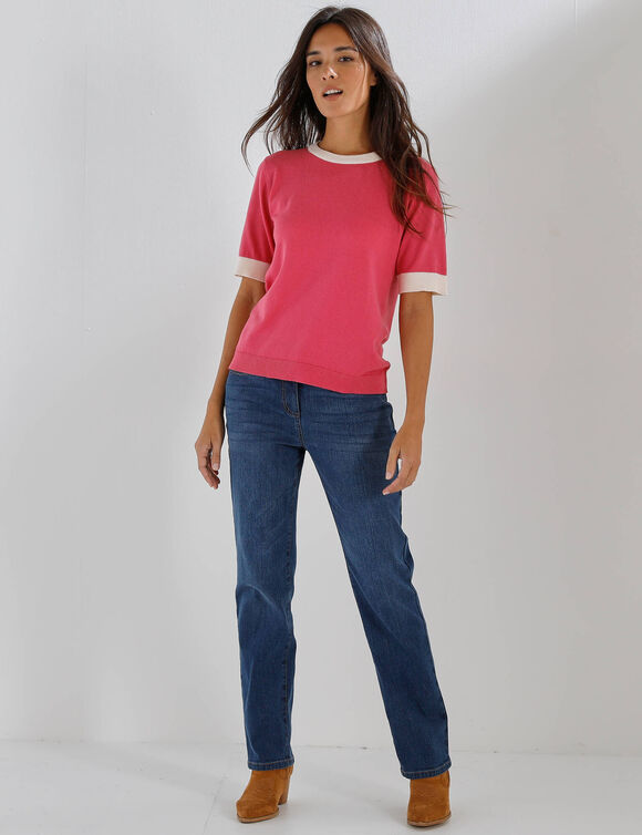 Pull bicolore col rond, manches courtes (roze / ecru)
