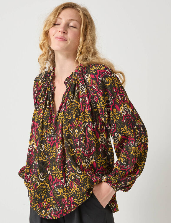 Bloes in creponvoile met etnische print (zwart / veelkleurig)