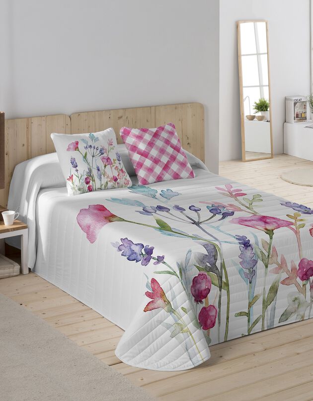 Gematelasseerde bedsprei met aquarelprint (wit / roze)
