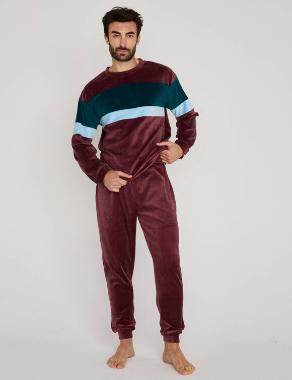 Pyjama tricolore velours manches longues (bordeaux)