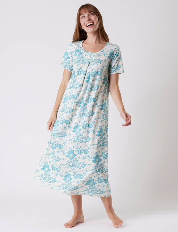 Chemise de nuit longue imprimée fleurie, manches courtes (turquoise)