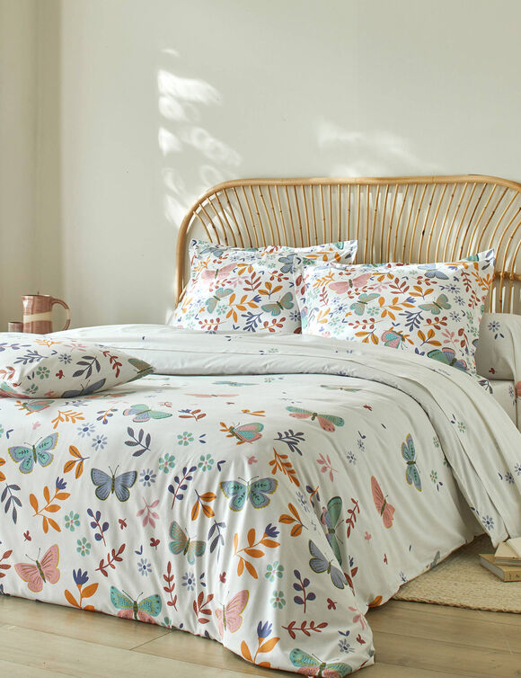 Linge de lit Envolée en coton à motifs papillons (blanc)