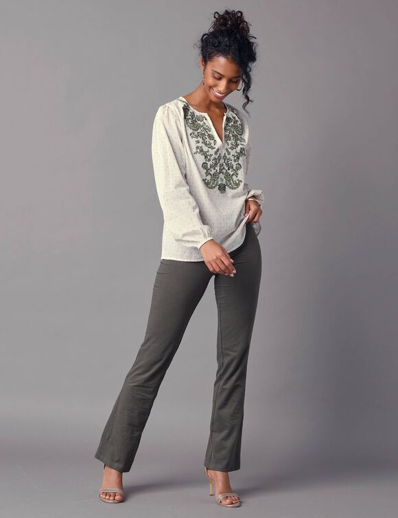 Blouse brodée manches blousantes (écru / kaki)