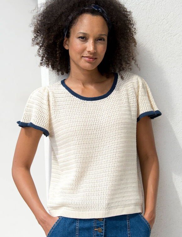 Trui met korte mouwen, fantasietricot (ecru / marine)