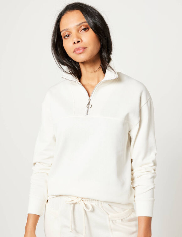 Sweat col montant zippé en molleton gratté (écru)